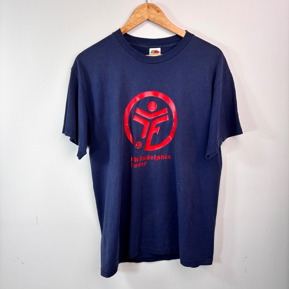 Vintage 80s Philadelphia Fever MISL Soccer T-Shirt Navy Blue Red Graphic Size XL